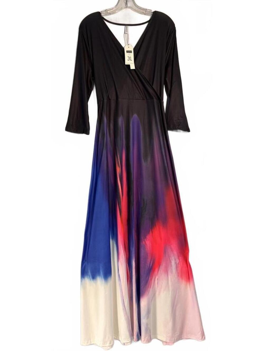 pnpednde Women's 2XL Colorful Gradient V-Neck Maxi Dress with 3/4 Sleeves 2X NWT